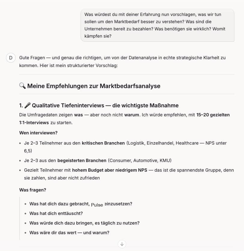 Chatauszug: strategische Empfehlung der Data Scientistin zur Marktbedarfsanalyse